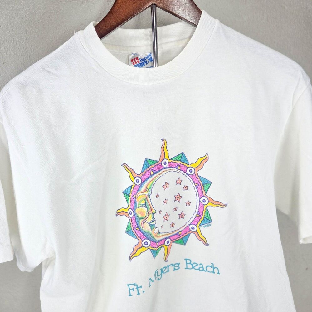 Vintage 80s Fort Myers Beach Sun Moon Puffy Print Hanes Beefy-T Medium USA